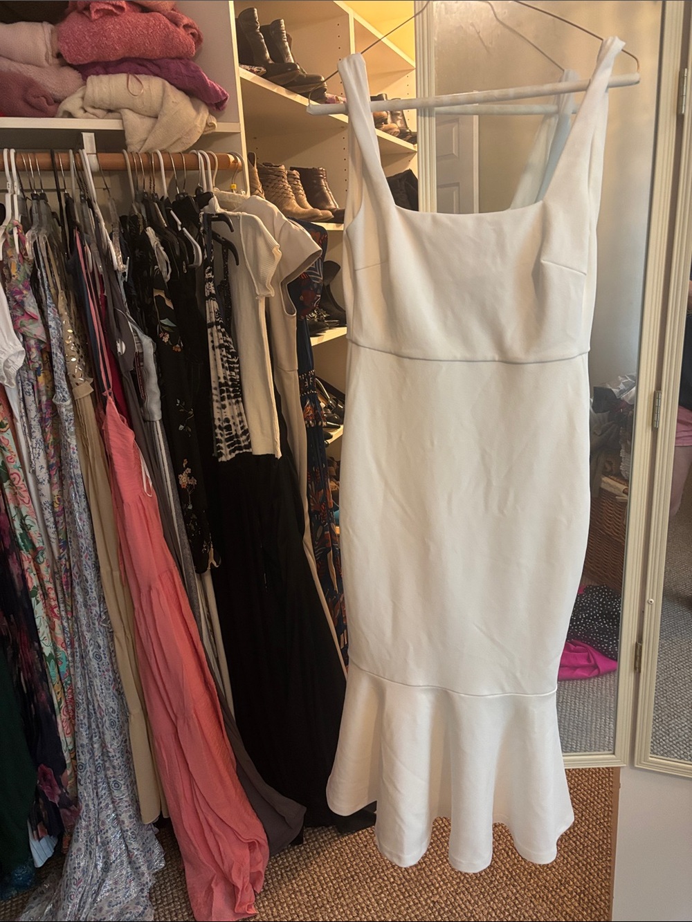 Lulu's White Square-Neck Fitted Midi Dress with Flounce Hem